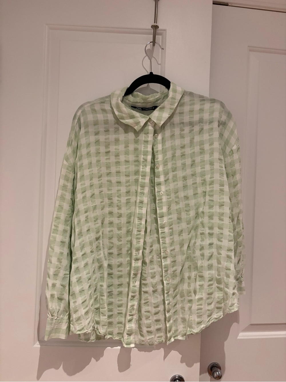Zara Mint Green and White Gingham Button-Up Blouse - Picture 3 of 7